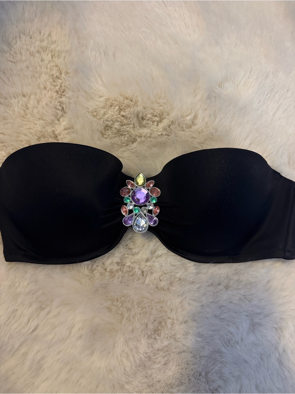 Victoria's Secret Black Strapless Bandeau Bikini Top with Multicolor Gems- Y2K